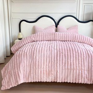 Petal Pink Soft Faux Fur Bedding Set Striped Comforter Shams King Size Bed New